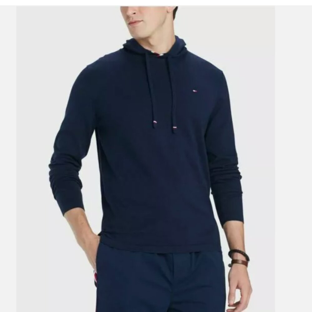 TOMMY HILFIGER MEN BLUE LONG-SLEEVE SWEATER HOODED LOGO SWEATSHIRT